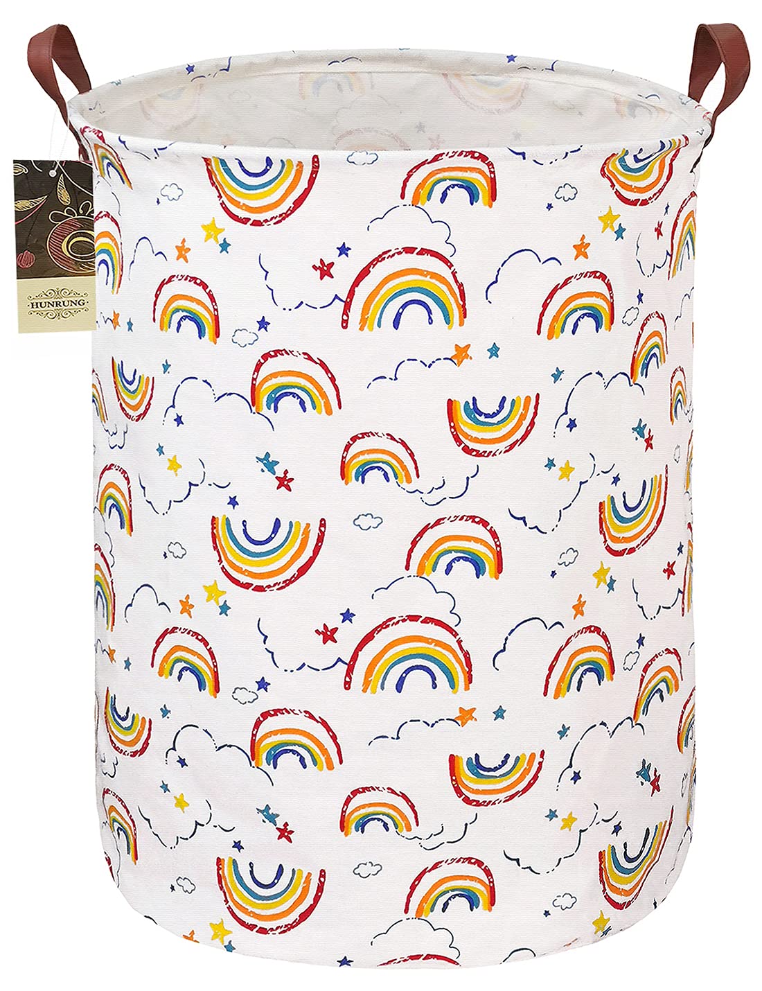 HUNRUNG Laundry Hamper,Collapsible Rainbow Cloud Storage Basket with Handles,Large Waterproof Toy Organizer Bin for Nursery,Kids Room,Playroom,Watercolor Rainbow Decor(Round-Rainbow)