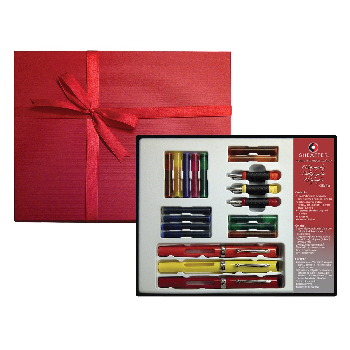 Sheaffer Calligraphy Gift Set, 3 Quill Pens, 3 Nib Grades, 14 Ink Cartridges, Step-by-Step Instructions, Beautiful Gift Box (73408)