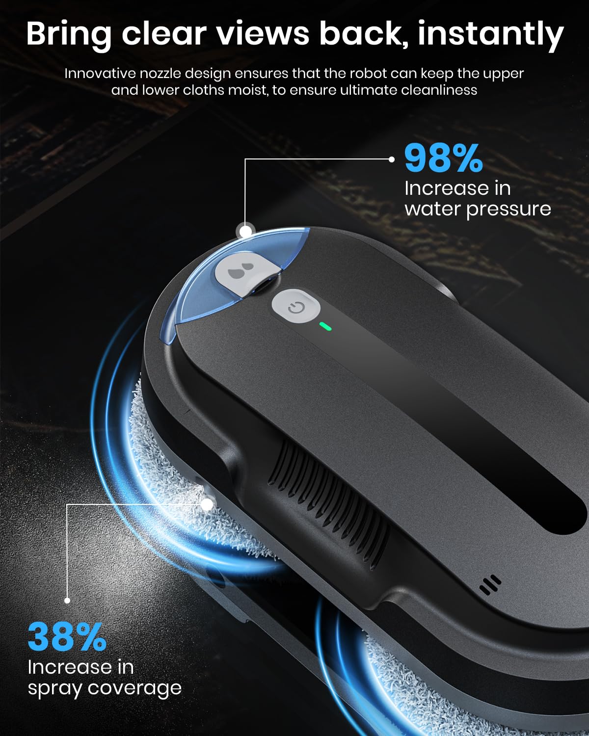 BNZ Robot Limpiador de Ventanas Inteligente, Twin Turbo y Limpiador de Ventanas con Pulverización Automática Doble con Sistema de Seguridad Múltiple, Planificación de Ruta AI, Detección de Bordes Sin Marco, K1, Negro Mate