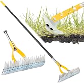 Thatch Rake for Lawn with 74inch Handle, 15 inch Dethatcher Rake for Grass to Cleaning Dead Grass, Efficient Steel Metal Rake for Dethatching, Heavy Duty Thatching Rakes for Garden, Yard