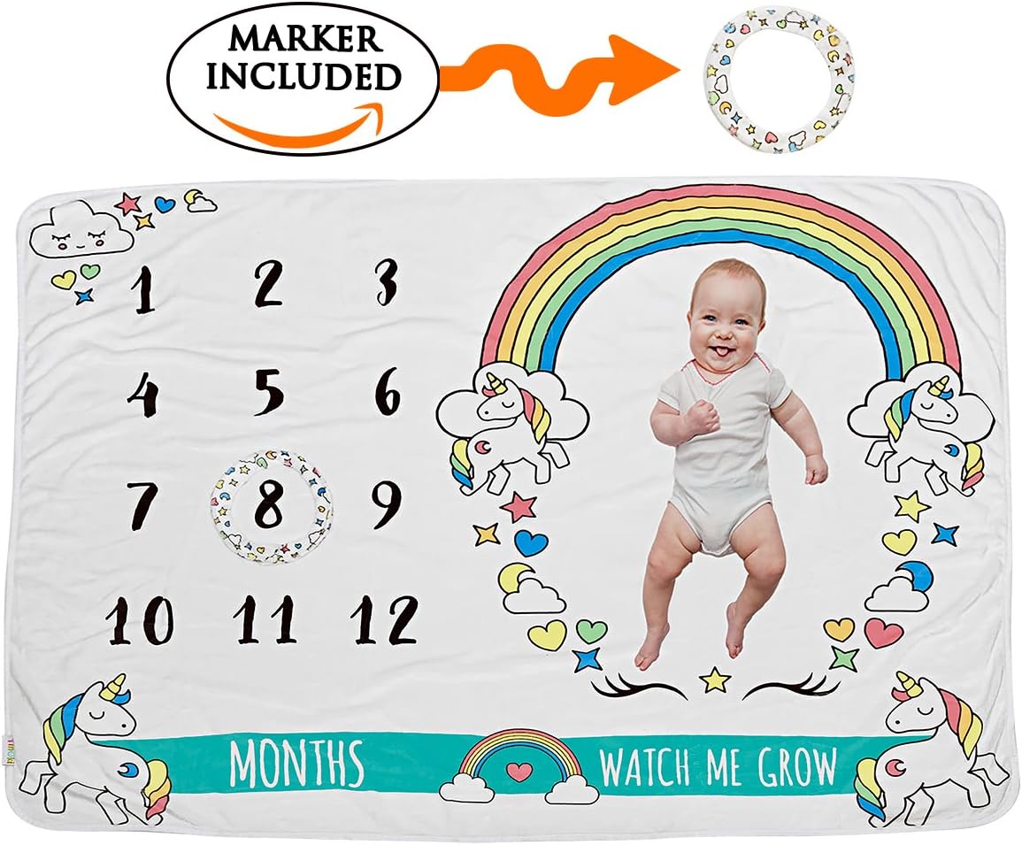 Tinoki Baby Milestone Blanket for Newborn Boys, Girls Photography – Monthly Rainbow Unisex Soft Unicorn Growth Keepsake Blankie Backdrop Photo Banner Frame Prop Shower Gift with Month Numbers,Marker
