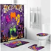 4Pcs Halloween Shower Curtain Set Hocus Pocus Shower Curtain for Halloween Bathroom Decor with Anti-Slip Waterproof Bathtub Bathroom Rugs Toilet Lid Cover (Purple)