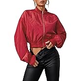 Verdusa Women's Cropped Bomber Lightweight Jacket Long Sleeve Zip Up Outerwear