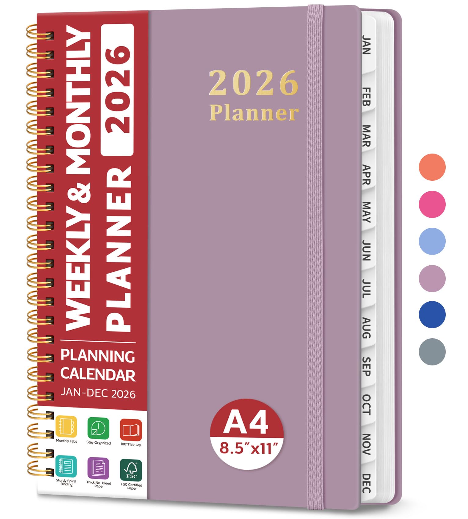 Photo 1 of 2026 Planner, Weekly and Monthly Planner, January 2026 - December 2026, Hardcover 2026 Calendar Planner Book with Tabs For Women & Men, Inner Pocket, Spiral Bound, Perfect for Office Home School Supplies - A4 (8.5" x 11"), Boho Purple