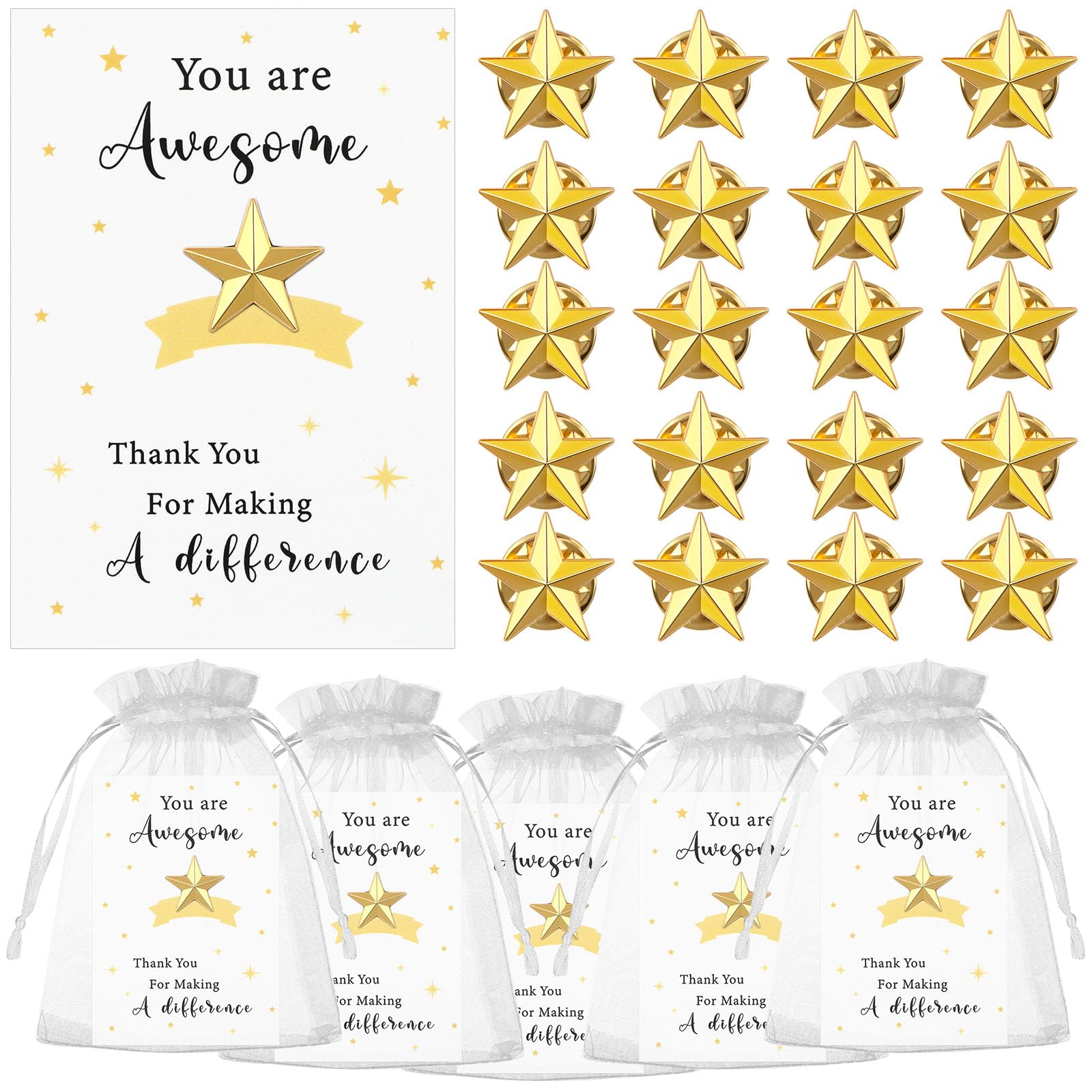 20 Sets Star Badge Lapel Pin Inspirational Greeting Cards and Organza Bags Employee Appreciation Gifts Metal Brooch Bulk Thank You Gifts For Teachers Students Nurses Volunteers