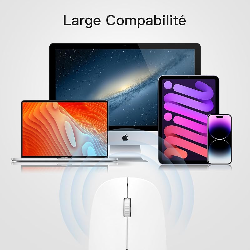 Souris Bluetooth Silencieuse 800/1200/1600 DPI, Ultra-Mince Blanche Compatible avec Mac/PC/Android