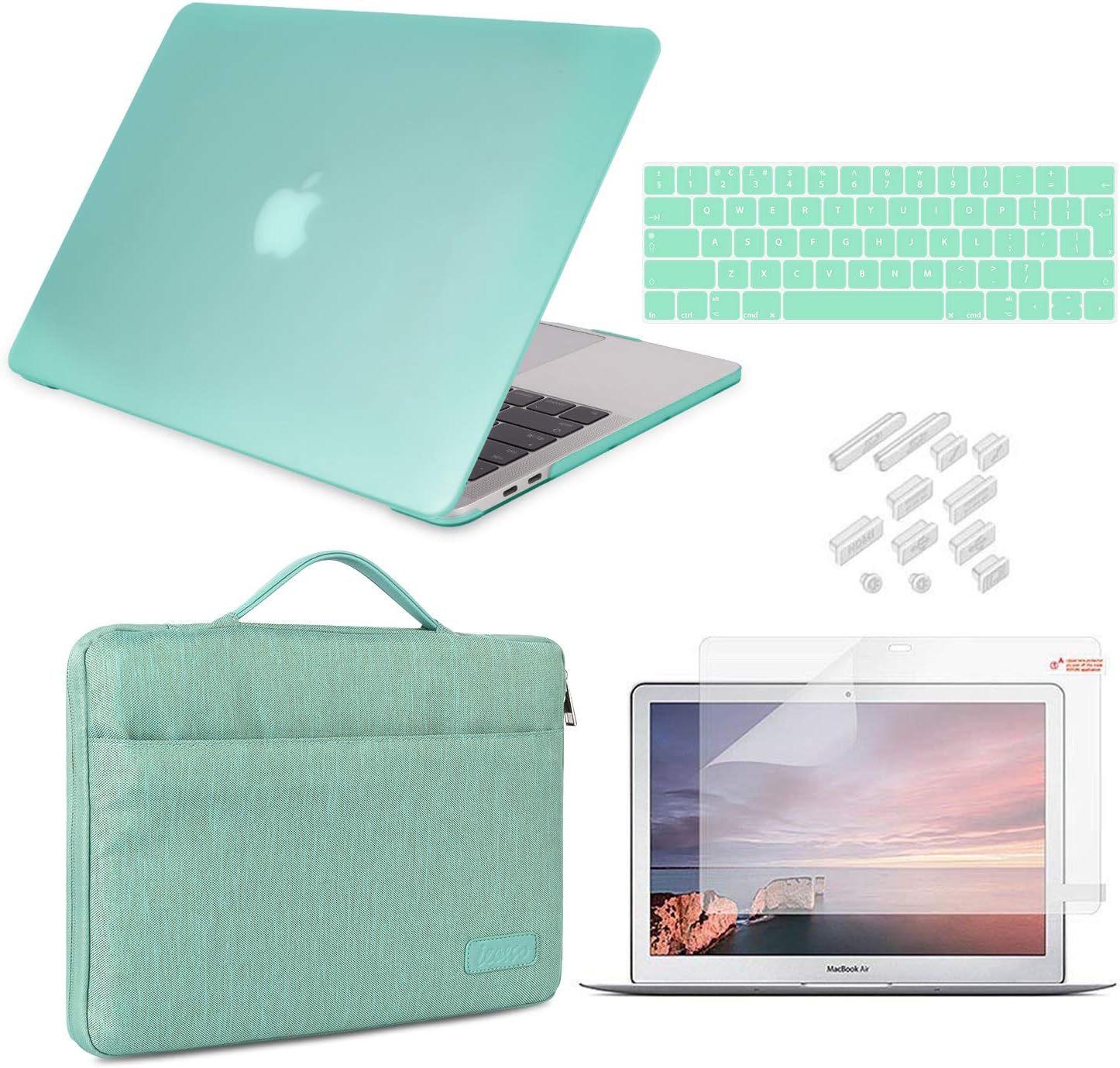 MacBook Air 13 inch Case 2010-2017 Model A1369/A1466 Bundle 5 in 1, iCasso Hard Plastic Shell with Sleeve, Screen Protector, Keyboard Cover & Dust Plug Compatible Old MacBook Air 13” - Mint Green