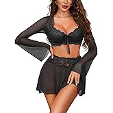 Avidlove Women's Sexy Contrast Lace Mesh Lingerie Set 3pcs Bell-Sleeved Top Lingerie Skirt