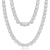 Luxfine 12mm Tennis Chain for Men Women Necklace White Gold Plated Clustered Iced Out Cuban Link Choker, 5A+ CZ Diamond Hip Hop Jewelry Birthday Christmas Wedding Gift (with Box & Pouch)
