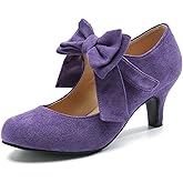 omthaka Women's Bow Mary Jane Kitten Heel Round Toe Low Heels Ankle Strap Dress Evening Party Pumps