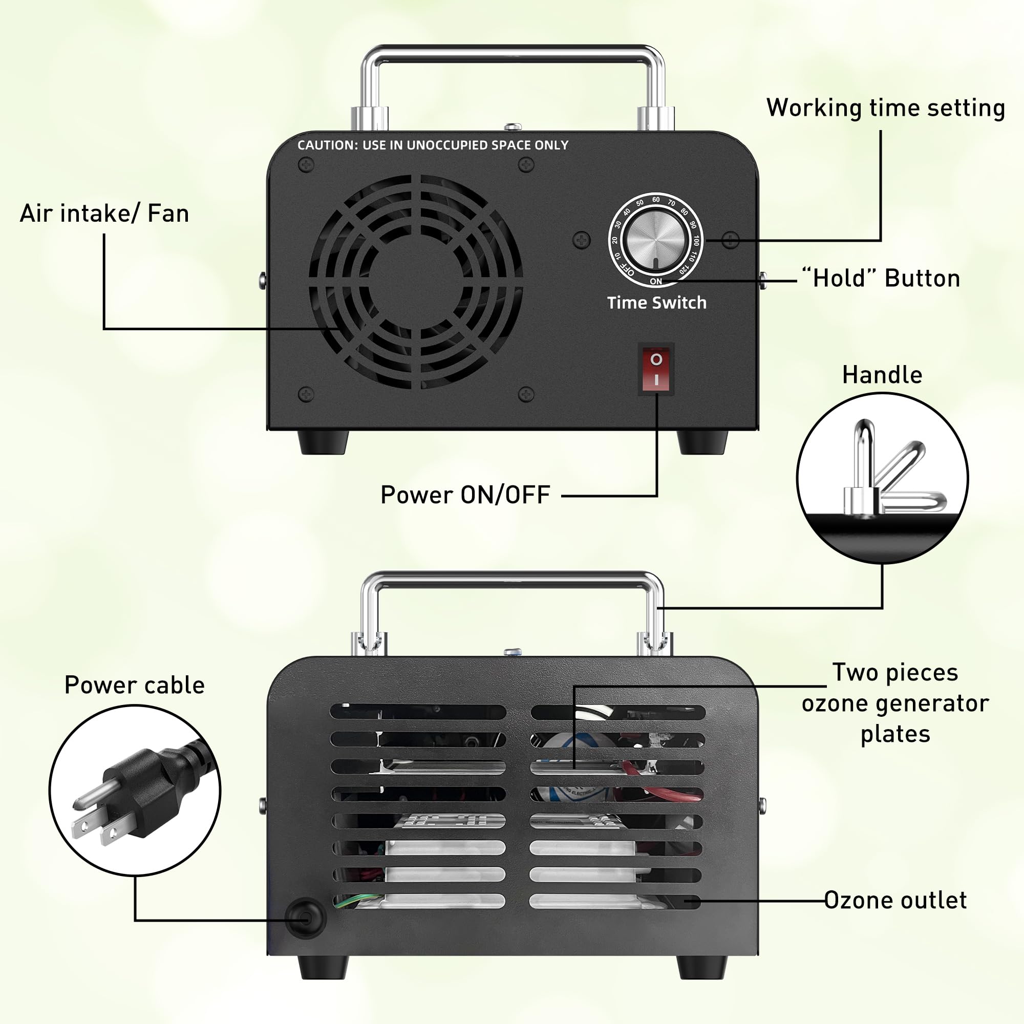 Commercial Ozone Machine 45,000mg/h, Industrial High Capacity of Multipurpose Ozone Purifier with Carry Handle for Home, Bar, Farm and Restaurant Black