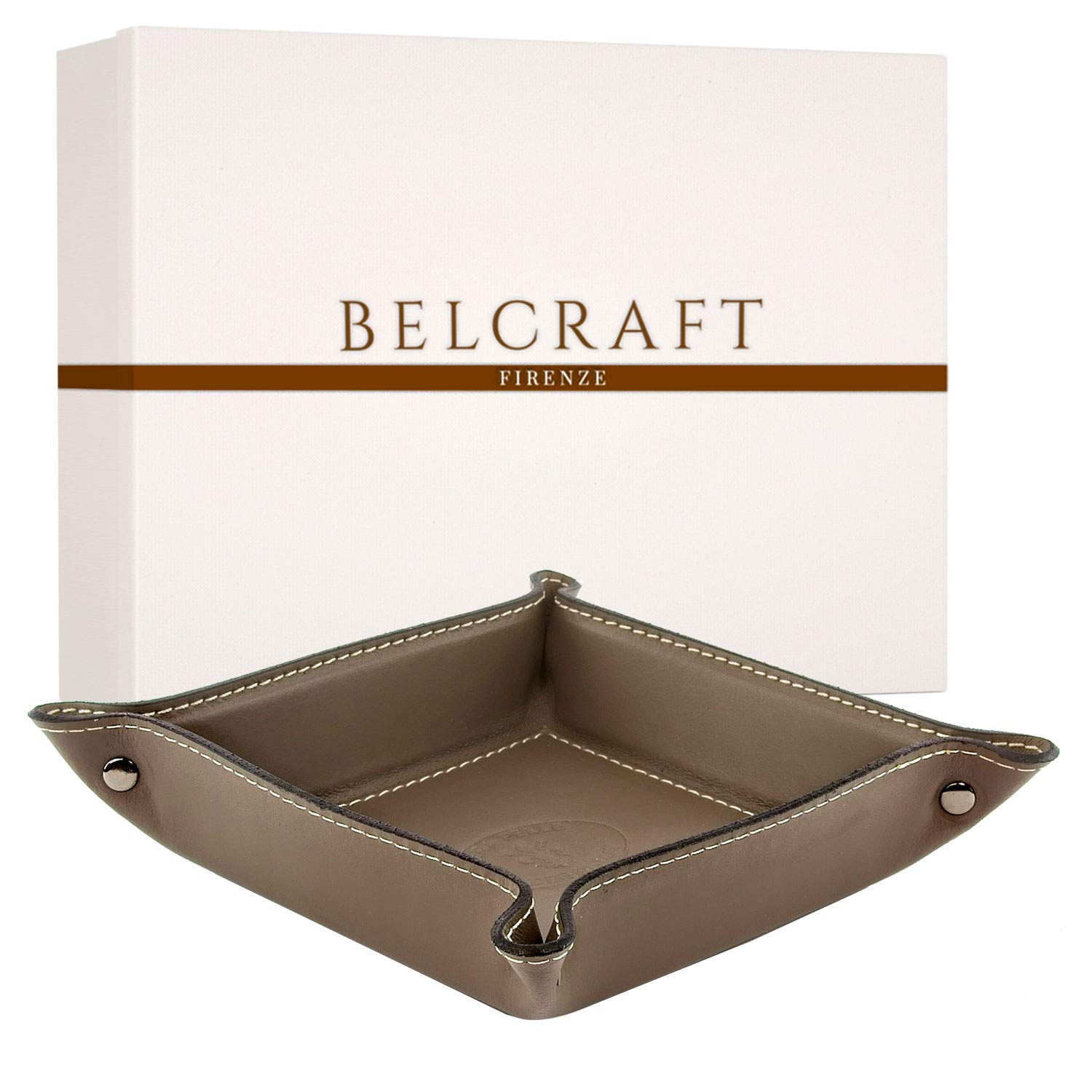 BELCRAFT Orvieto Leather Tidy Tray, Handmade Classic Italian Style, Key Wallet, Coin Box, Birthday Gifts for Men, for Dad - Taupe (19x19 cm)
