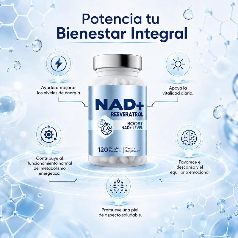 Suplemento de NAD+, 1500 mg de NAD e 250 mg de Trans-Resveratrol por porção, NAD Resveratrol para Suporte à Energia Celular, Vitalidade Diária e Envelhecimento Saudável, 120 Cápsulas Vegan