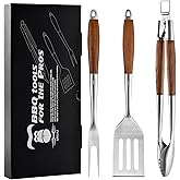 Heavy-Duty Heat-Treated Ash Wood BBQ Grilling Tools Set | Extra-Thick Stainless Steel Spatula, Fork & Tongs | Essential Barbecue Accessories, for Grill Enthusiasts