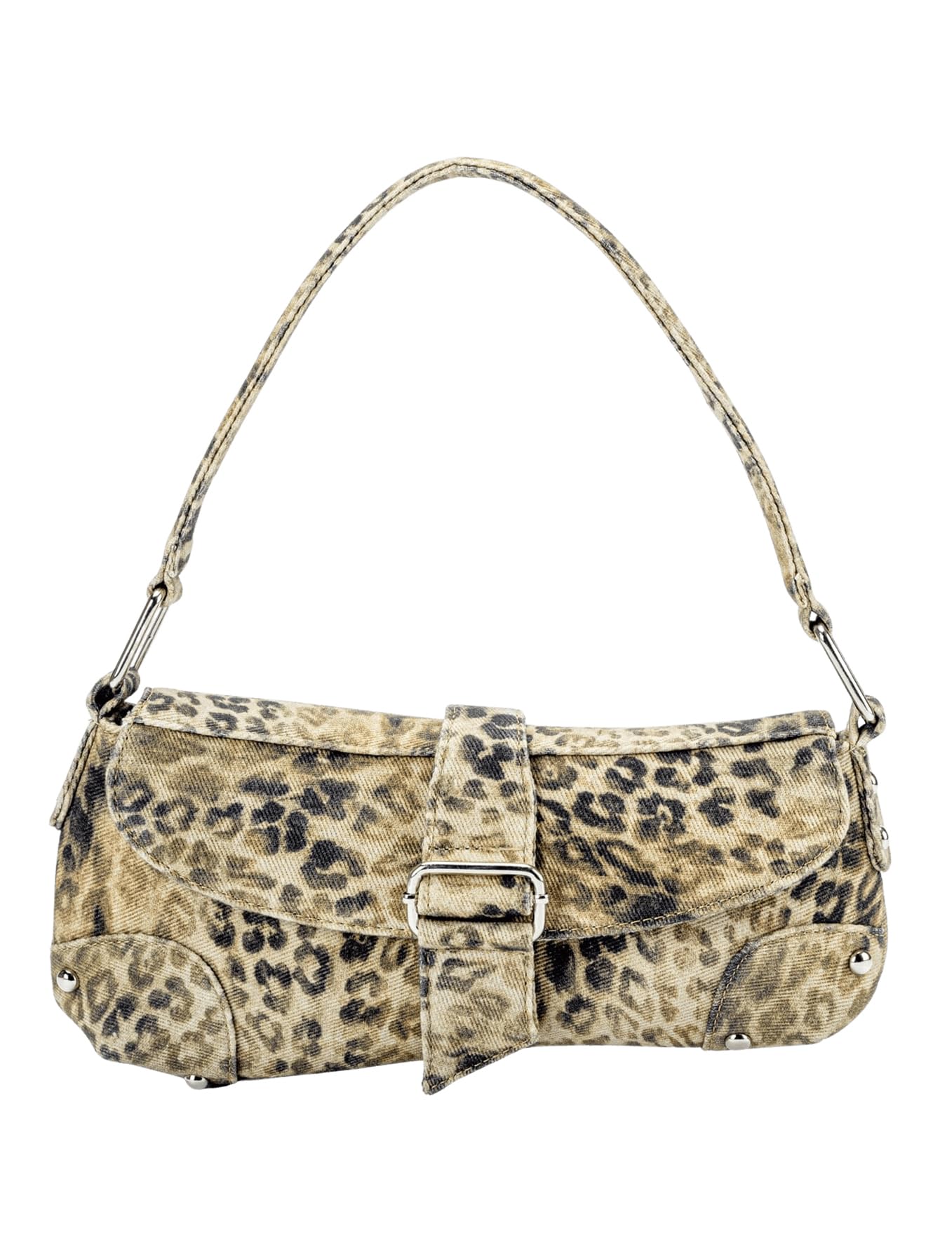 Photo 1 of QWINEE Women's Y2K Leopard Print Shoulder Bag Denim Handbags Retro Cheetah Purses Top Handle Buckle Clutch Underarm Bag Light Brown One-Size