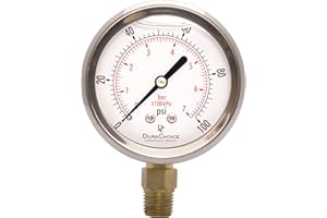 DURACHOICE 2-1/2" Oil Filled Pressure Gauge - Stainless Steel Case, Brass, 1/4" NPT, Lower Mount Connection, 0-100