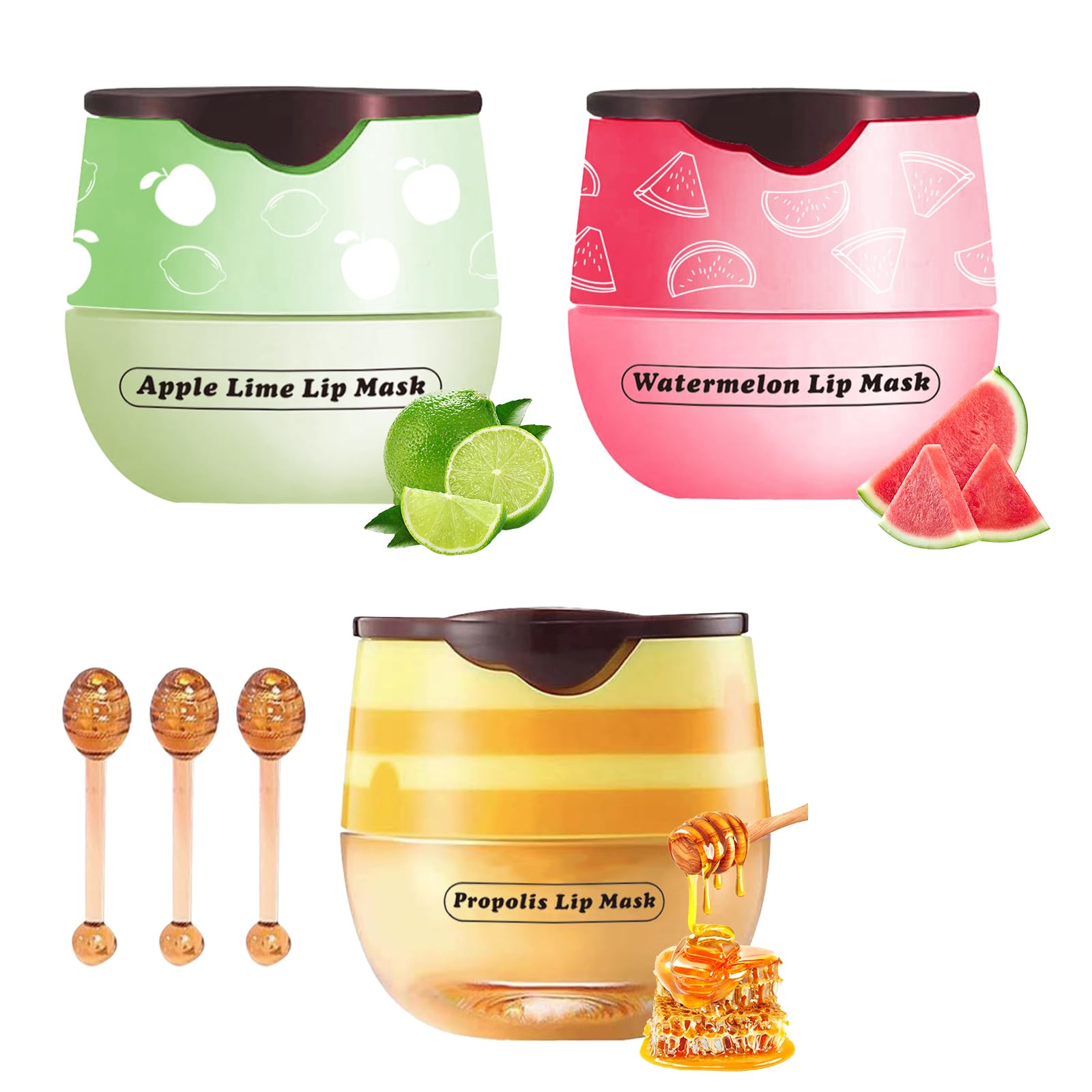 3Pcs Bee Lip Balm Honey Pot with Stick, Lip Mask Day And Night Repair and Care, Moisturizing Lip Sleeping Cream, Silky Hydrate Repair Prevent Dry Cracked Lip Exfoliator(Honey+Apple Lime+Watermelon)