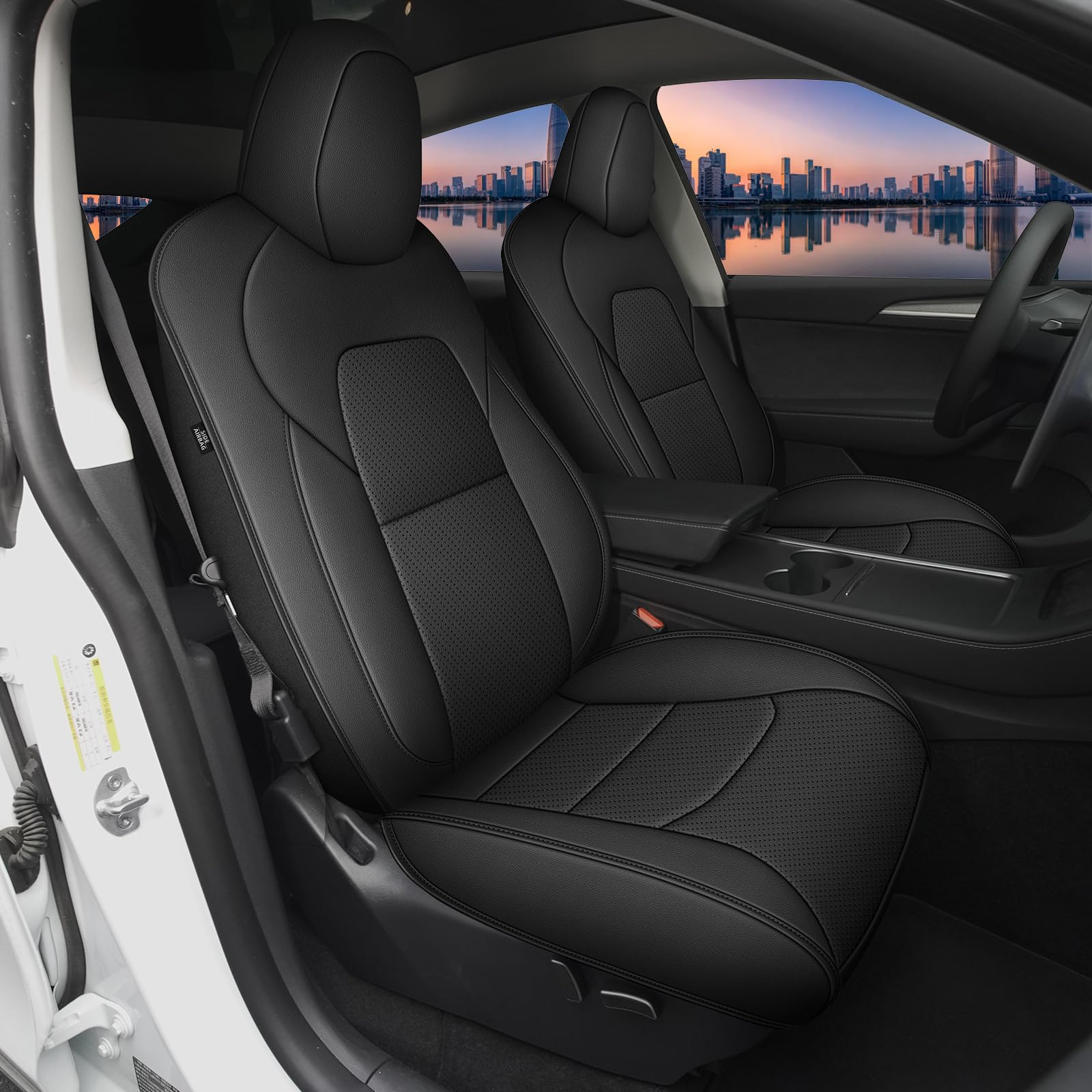 Photo 1 of **DIRTY FROM TRANSPORT . 4 COVERS**IKABEVEM Seat Covers Leather for Tesla Model 3: Full Set Waterproof Easy to Clean Material - Custom Fit for 2017 2018 2019 2020 2021 2022 2023 Model 3 Vehical Car Seat Cushions(Black)