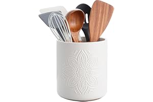 MIKIGEY Kitchen Utensil Holder, 7.2” Large Ceramic Cooking Utensil Holder with Cork Mat for Countertop, Utensil Crock for Farmhouse Kitchen Decor, Ceramic Stable Utensil Caddy, White