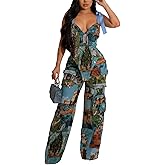 longlugoo Women‘s Sexy 2 piece Outfits for Women Tube Corset Top and Boho Print Cargo Pants Set with Multi-Pocketed