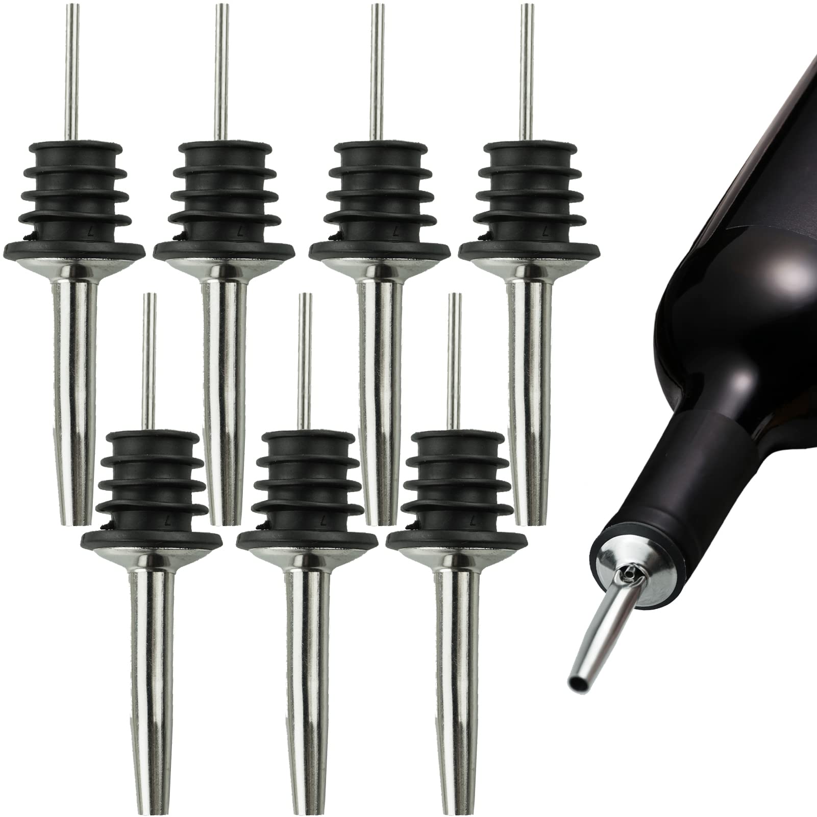 SZCXDKJ 7 Pieces Bottle Speed Pourers, Stainless Steel Liquor Pourers Bottle Dispenser for Wine Spirits Alcohol Olive Oil Syrup Bottles with Rubber Stopper
