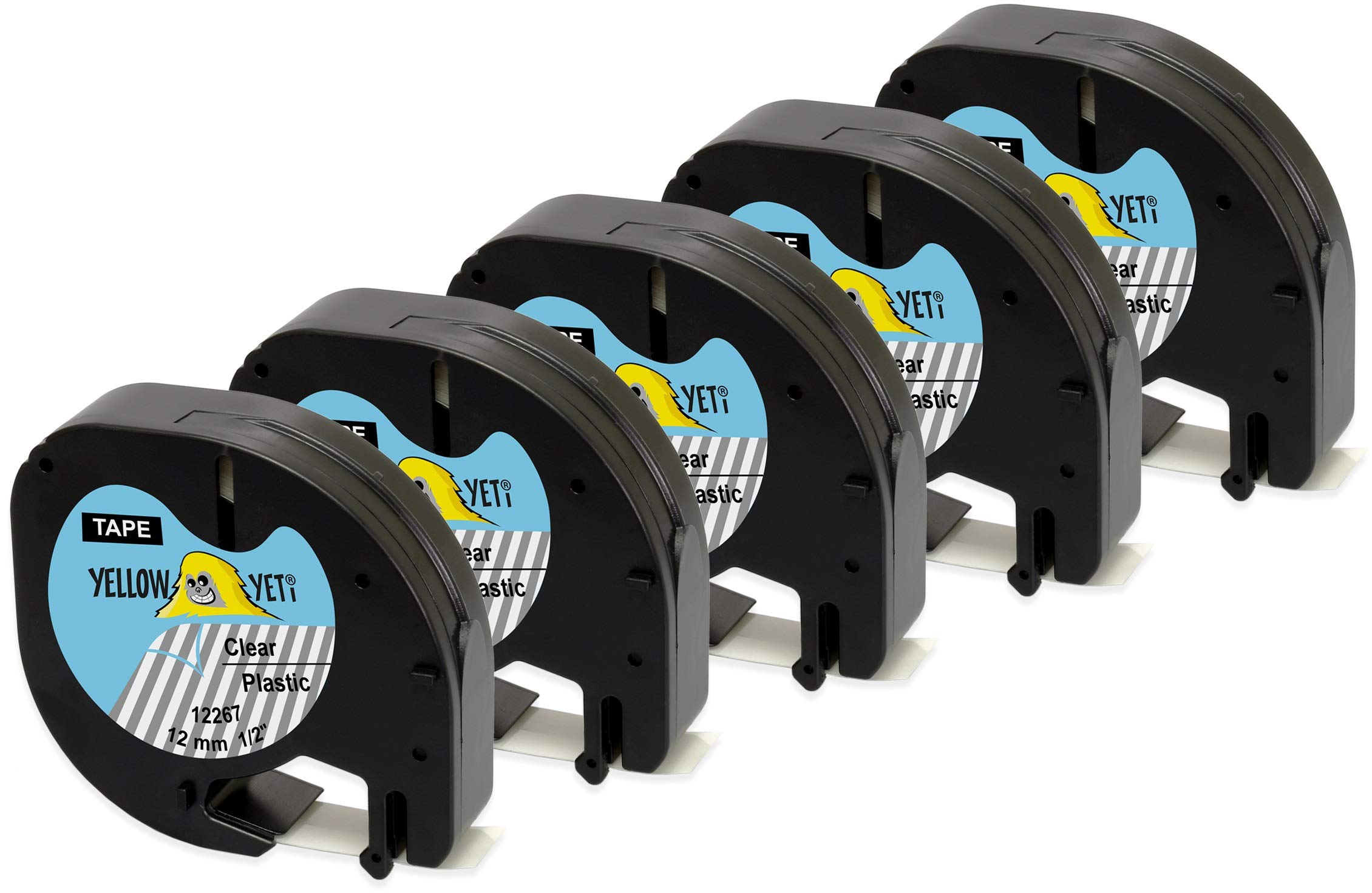 Yellow Yeti 5 Plastic Label Tapes 12267 S0721530 S0721550 Black on Clear 12mm x 4m Compatible with LetraTag LT-100H LT-100T LT-110T QX50 XR XM 2000 Plus Label Makers