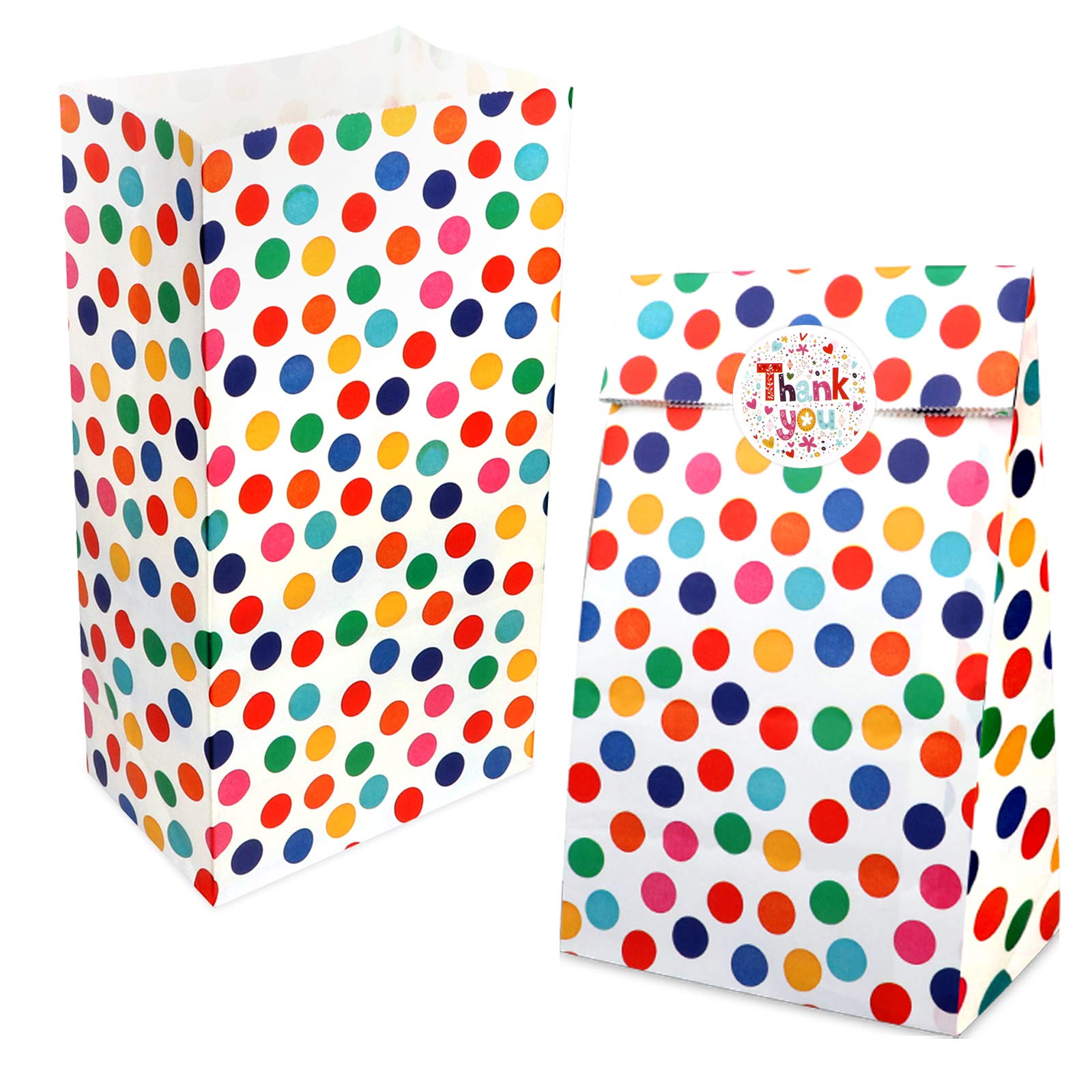 AUERVO 30PCS Paper Party Bags, Rainbow Dots Party Paper Bags Kraft Treat Gift Bags Flat Bottom Grocery Candy Bags With 30PCS Thank You Stickers