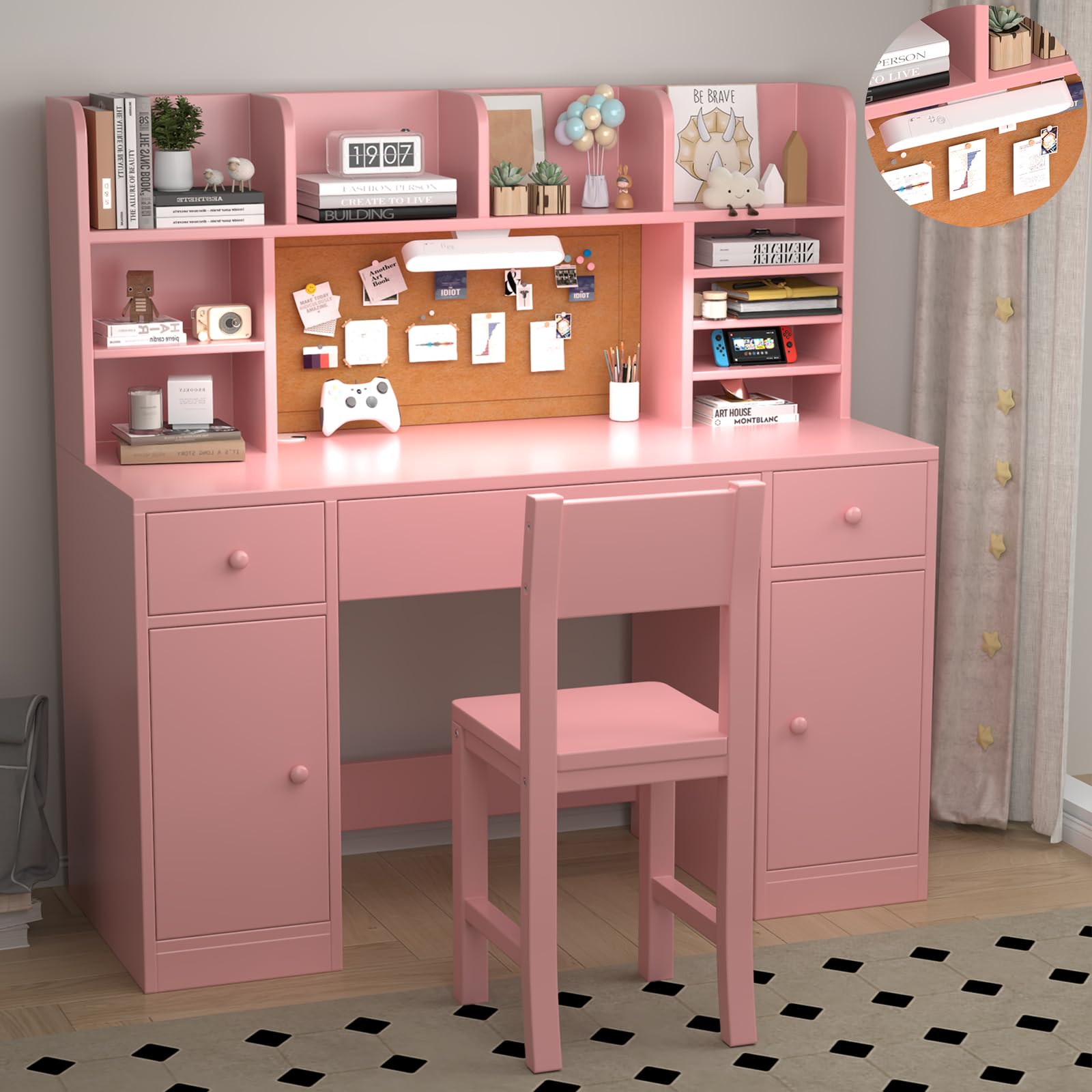 Photo 1 of (loose, missing parts) RUPOLX 48x20Inch Wooden Pink Kids Study Desk and Chair Set with Light, 3 Drawers and 4 Storage Cabinets, Children Desk with Hutch and Shelves, Girls Study Desk for Kids Bedroom-001