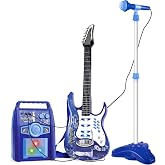 deAO Musical Guitar Play Set,Adjustable Height Microphone,Amplifier Set with Stand,Music Light Karaoke Music Toys Birthday for Kids Boys Girls
