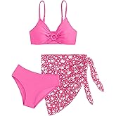 COZYEASE Girls' 3 Piece Bikini Set Ditsy Floral Print Wireless Swimsuit with Beach Skirt