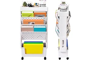 Surard White Mobile Bookshelf with Wheels, Rolling Cart Movable Bookcase with 5 Tier, Plastic Book Rack Files Storage Utility Organizer for Students Classroom School, Home Living Room Bedroom, Office