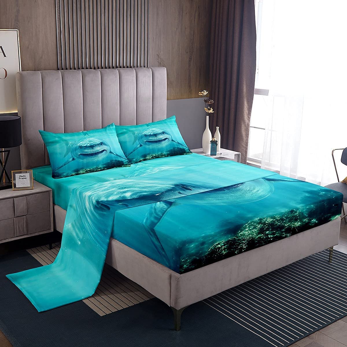 Loussiesd Shark Bed Sheet for Kids Ocean Creature Sheet Set Sea Animal Fitted Sheet 1 Flat Sheet & 1 Sheet with 1 Pillowcase (Single)