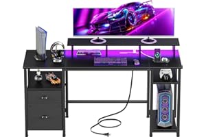 Furologee 61" Gaming Desk with Power Outlets & LED Lights, Reversible Computer Desk with File Cabinet & Monitor Stand for Home Office, Large Work Table with Storage Shelves & Drawer, Black