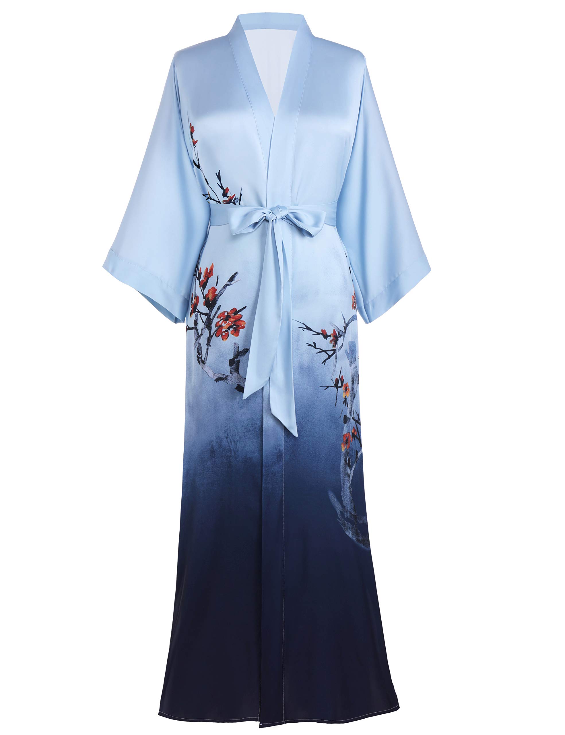 PRODESIGN Long Kimono Robe Satin Sleepwear Gradient Watercolor Silky Kimono Nightgown Bathrobe Kimono Blouse Cardigan (Blue)