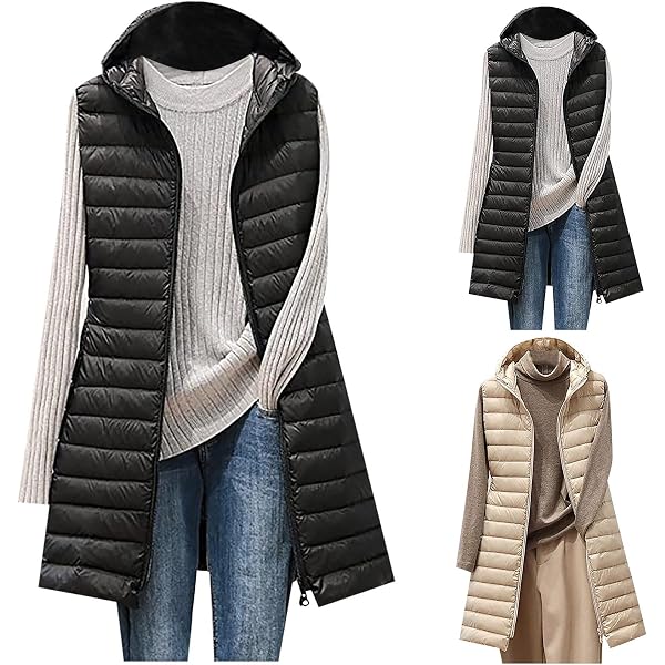 SCUSTY Women's Casual Long Quilted Puffer Vest, Hooded & Sleeveless - Apricot, Size Large - View #2