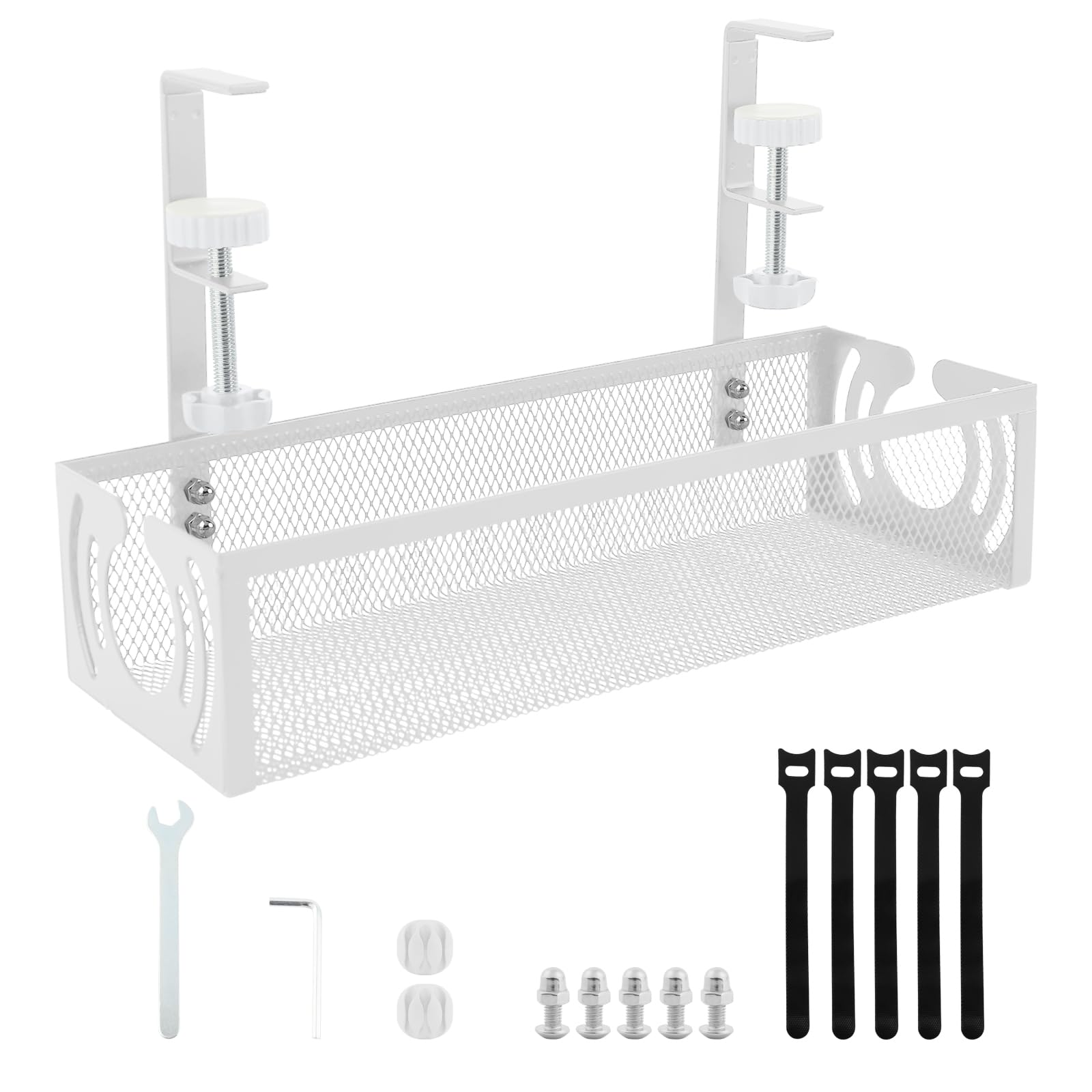 Mecmbj Under Desk Cable Management Tray, No Drill, Metal Mesh Cable Management Under Desk with Clamp Mount, Table Wire Tidy Tray, Cord Organizer for Office, Home(White 2,34 * 12 * 8cm)