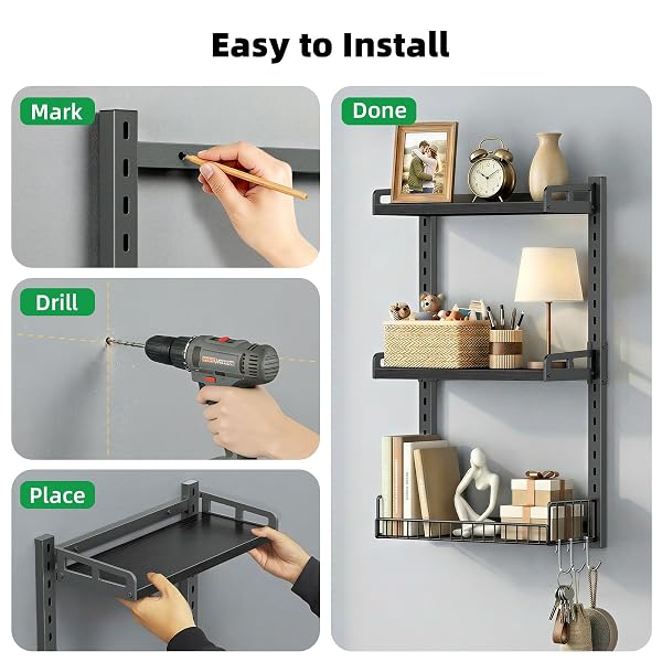 KALRIN 3 TIER BATHROOM SHELVES OVER TOILET – WALL MOUNTED FLOATING SHELVES WITH DRAIN BASKET, TOILET PAPER STORAGE, HEIGHT ADJUSTABLE OVER THE TOILET STORAGE, PURE BLACK