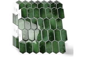 MOONFUN Long Hexagon Peel and Stick Tiles Backsplash,10 Sheets 3D Self Adhesive Wall Tile Back Splash 12 x 12 Inch for Kitchen,Bathroom(Dark Green)