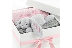 Personalized Baby Blanket and Plush Bunny Set, Custom Baby Blankets and Rabbit with Name, Personalized 2 in 1 Gift Set for Boy Girl Toddlers, Minky Dot Swaddle, Gift Set for Showering, Birthday