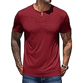 COOFANDY Men Casual Henley Tee Shirts Slim Fit Henley Shirt Short Sleeve Button Tee Big and Tall Lightweight T-Shirts Wine Red