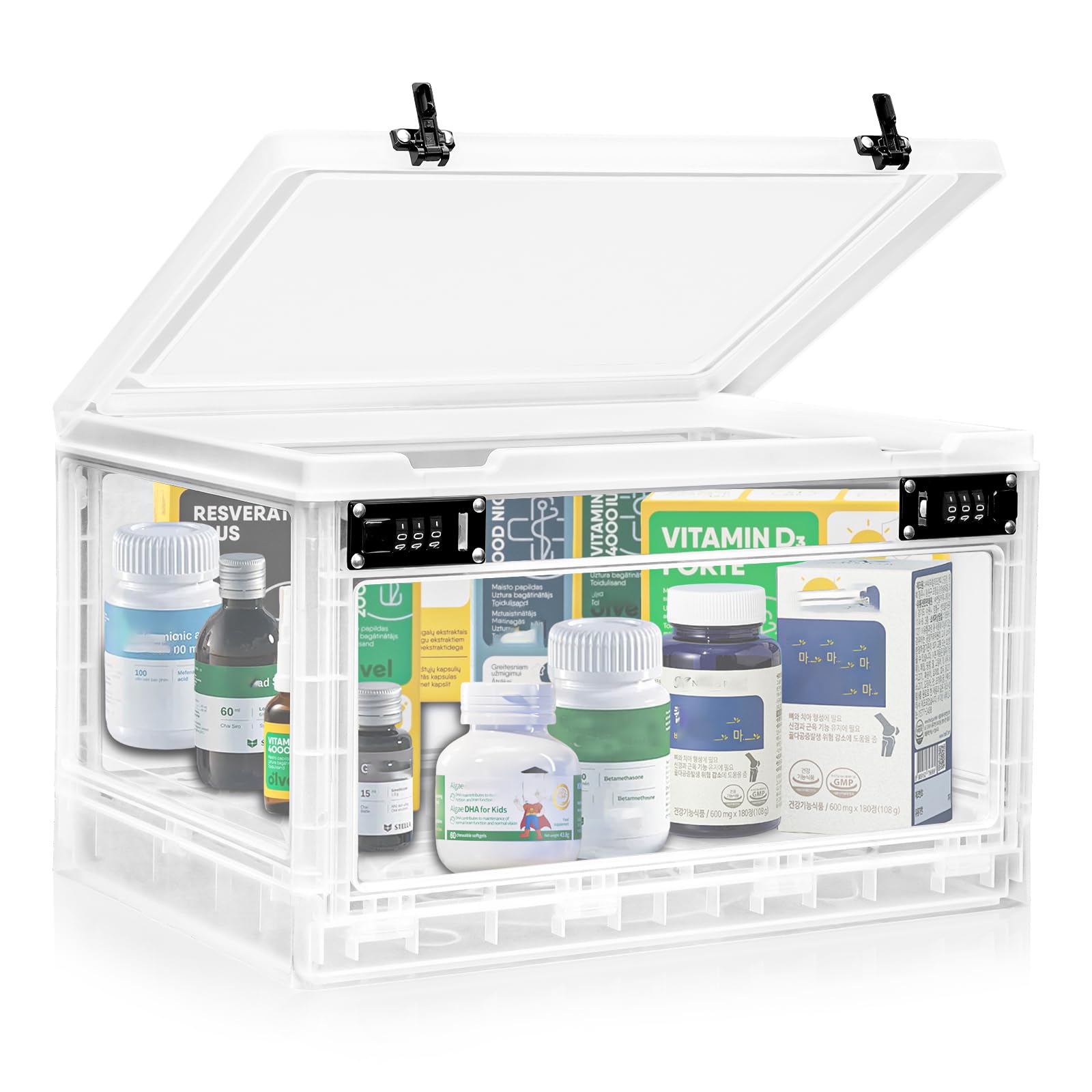 Photo 1 of Large Medicine Lock Box with Dual 3-Digit Combination Locks, 24L Lockable Storage Box for Medication, Snacks, Phone, and Electronics - BPA-Free Organizer Bin for Home, Office, Fridge, and Safety