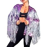 JAKAWIN Women's Sequin Fringe Jacket Coat Sparkly Long Sleeve Tassel Coat Night Club Disco Jackets