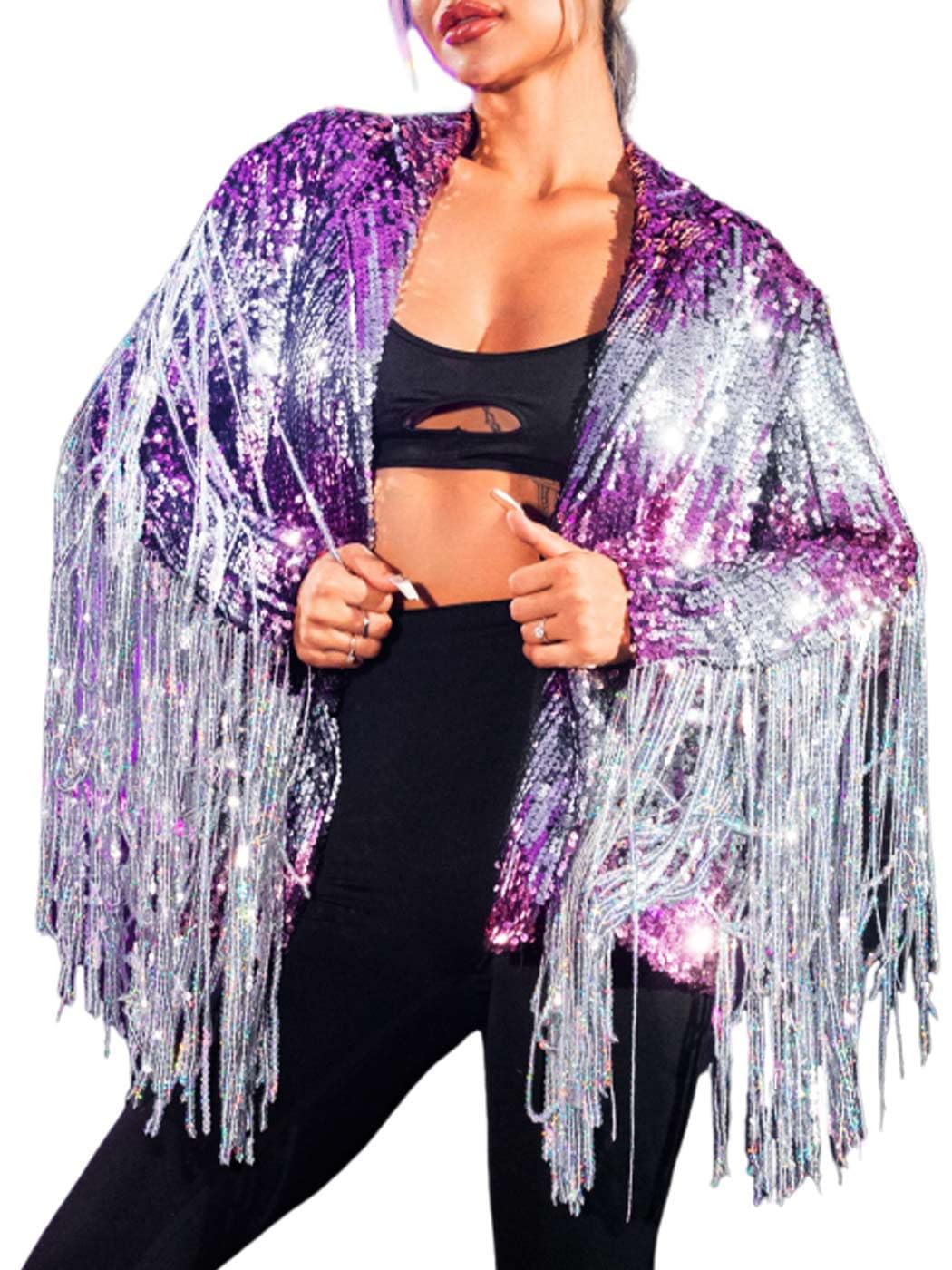 Photo 1 of JAKAWIN Women's Sequin Fringe Jacket Coat Sparkly Long Sleeve Tassel Coat Night Club Disco Jackets (Pink with Silver)