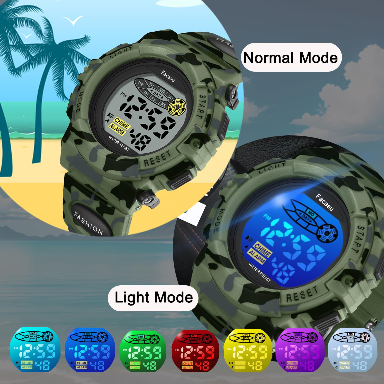 Facasu Camo Sports Watch for Boys-Waterproof Kids Digital Watch with Colorful Light, Alarm&Snooze,Stopwatch Military Design Silicone Band Gift for Birthdays,Christmas Outdoor Activities(8+ Years)