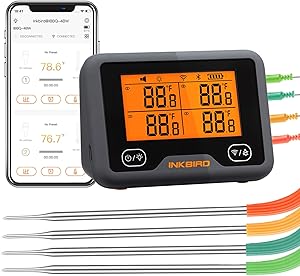 Inkbird Wi-Fi&Bluetooth Grill Thermometer IBBQ-4BW, Wireless BBQ Thermometer with 4 Probes, Timer, High/Low Temp Alarm, Digital Meat Thermometer for Smoker, Oven, Kitchen, Drum, Android&iOS