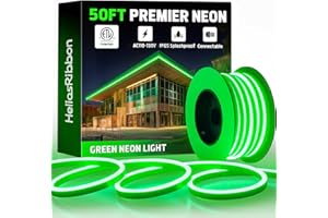 HELIOSRIBBON 50FT Green LED Neon Rope Lights, AC 110-120V Flexible Neon Strip Outdoor Waterproof ETL Listed, Connectable and Cuttable, for Bar Pub Game Room Home Commercial Festival Ambient Lighting Decor