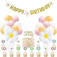 Daisy Flower Birthday Party Decorations Set with Daisy Happy Birthday Banner,Daisy Flower Cake Topper,Large Daisy Balloons for Daisy Themed Hippie Boho Girl Birthday Party Decorations
