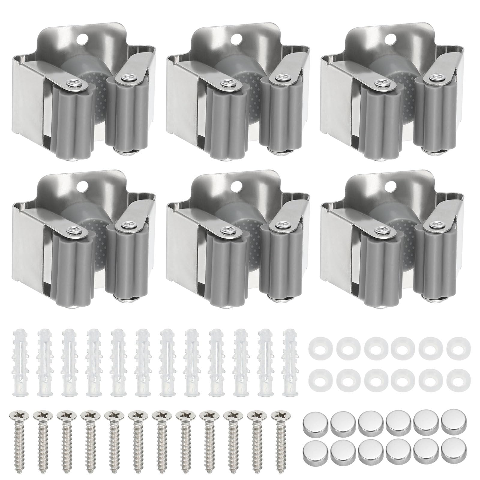 PATIKIL Broom and Mop Holder, 6 Pack Wall Mounted Stainless Steel Mop Hanger Heavy Garden Tool Organizer Rack Hanging Clips with Screws for Home Garage, Grey