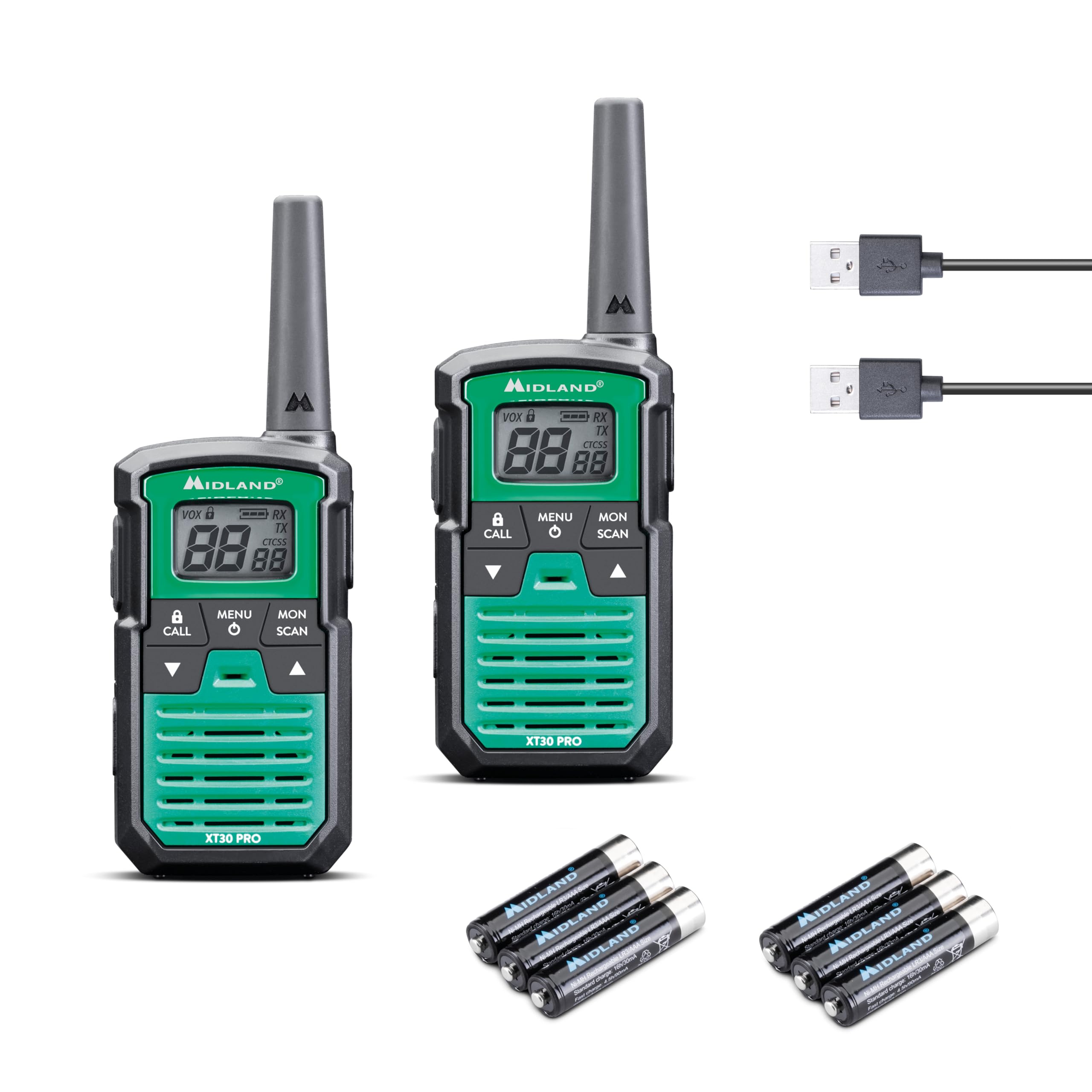Midland - Two Walkie Talkies XT30 PRO, 2 Way Radio with 16 PMR446 Channels, Rechargeable USB, Splash-Proof, 6 km Range, Walkie Talkie for Hiking, Airsoft & Outdoor, Survival Equipment – Green/Black