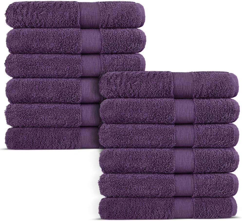 Premium Turkish Cotton Wide Lined Border Eco-Friendly and Long Stable Washcloth (Plum, Set of 12): Home & Kitchen
